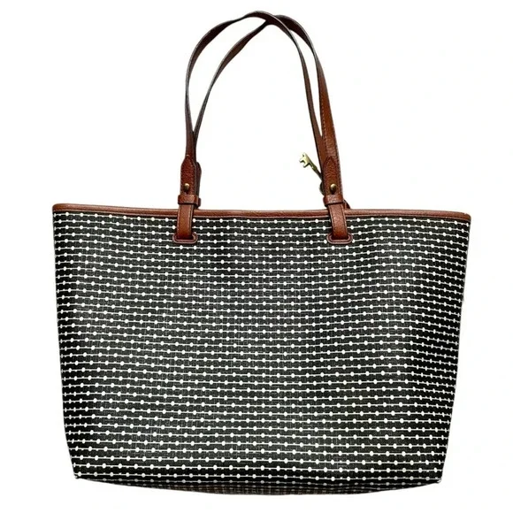 Fossil Rachel Leather Black Striped Tote Bag Purse - Picture 7 of 7